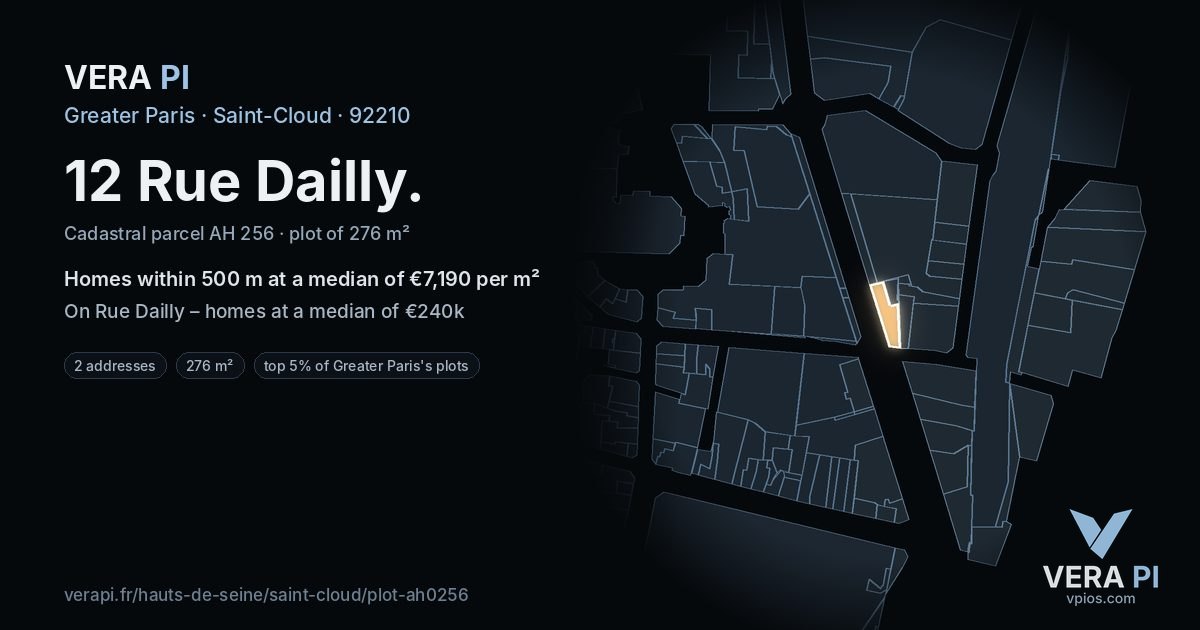 12 Rue Dailly, Saint-Cloud at night – the plot lit, the parcels around coloured by the prices near them