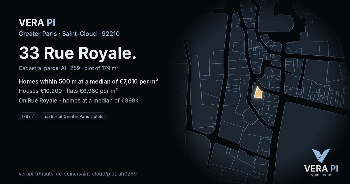 33 Rue Royale, Saint-Cloud at night – the plot lit, the parcels around coloured by the prices near them