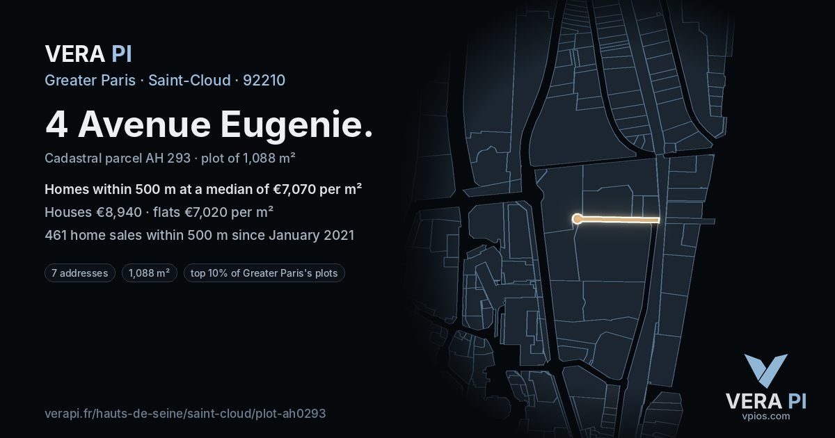 4 Avenue Eugenie, Saint-Cloud at night – the plot lit, the parcels around coloured by the prices near them