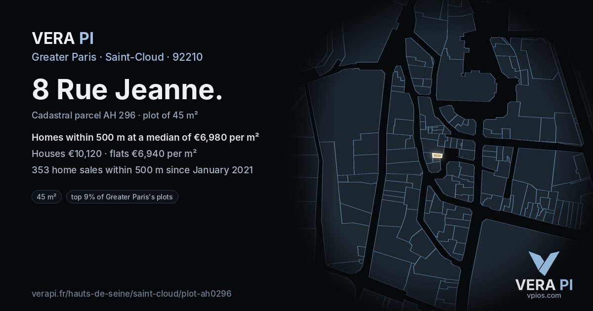 8 Rue Jeanne, Saint-Cloud at night – the plot lit, the parcels around coloured by the prices near them