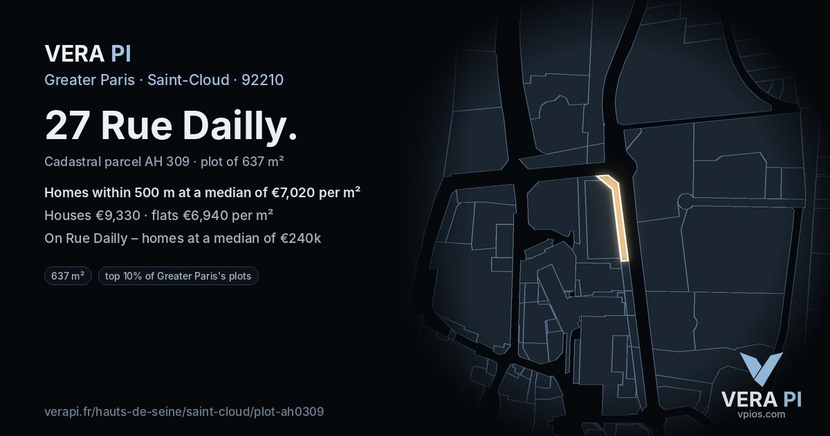 27 Rue Dailly, Saint-Cloud at night – the plot lit, the parcels around coloured by the prices near them