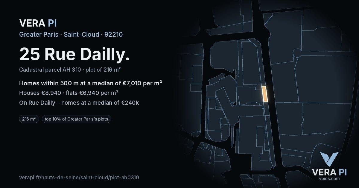 25 Rue Dailly, Saint-Cloud at night – the plot lit, the parcels around coloured by the prices near them