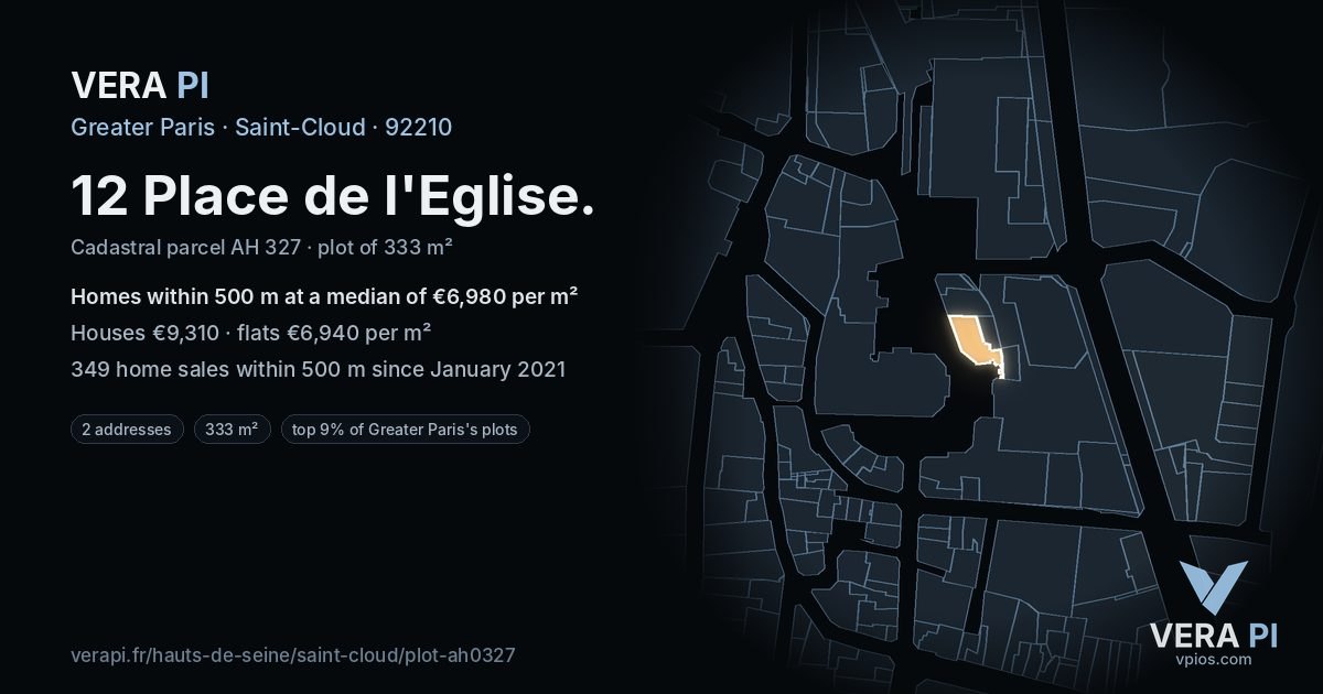 12 Place de l'Eglise, Saint-Cloud at night – the plot lit, the parcels around coloured by the prices near them