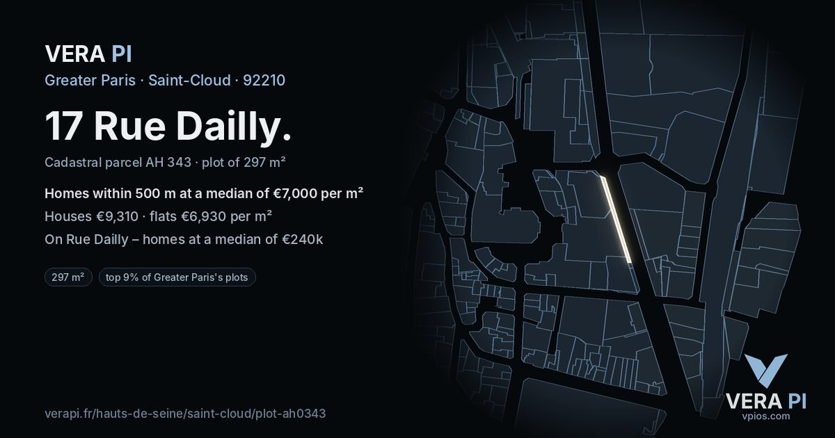 17 Rue Dailly, Saint-Cloud at night – the plot lit, the parcels around coloured by the prices near them