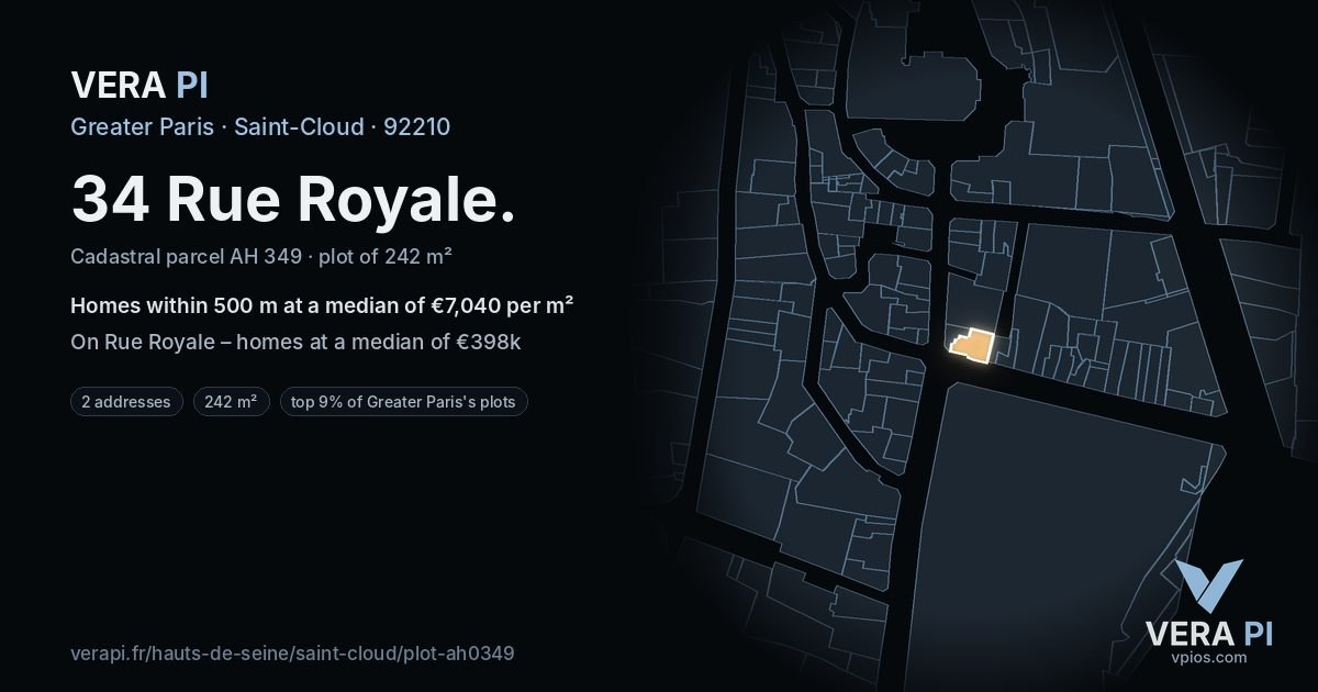 34 Rue Royale, Saint-Cloud at night – the plot lit, the parcels around coloured by the prices near them