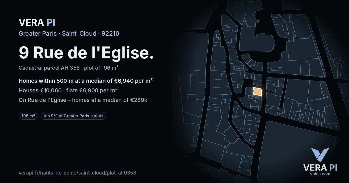 9 Rue de l'Eglise, Saint-Cloud at night – the plot lit, the parcels around coloured by the prices near them