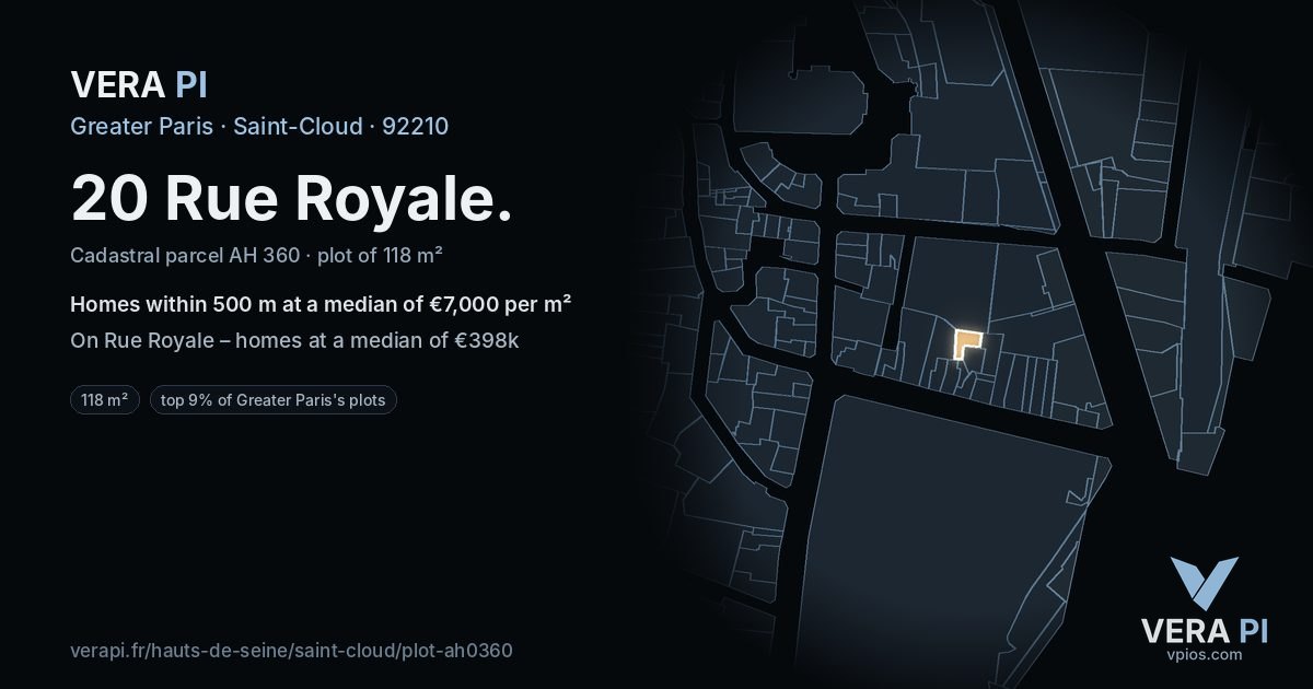 20 Rue Royale, Saint-Cloud at night – the plot lit, the parcels around coloured by the prices near them