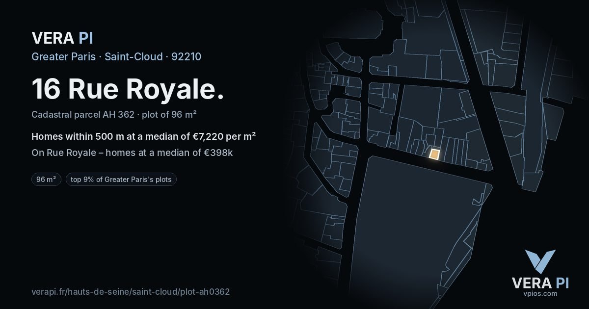 16 Rue Royale, Saint-Cloud at night – the plot lit, the parcels around coloured by the prices near them