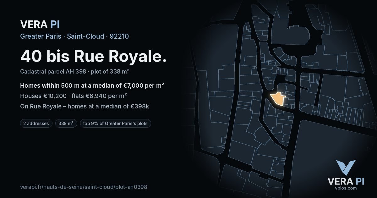 40 bis Rue Royale, Saint-Cloud at night – the plot lit, the parcels around coloured by the prices near them