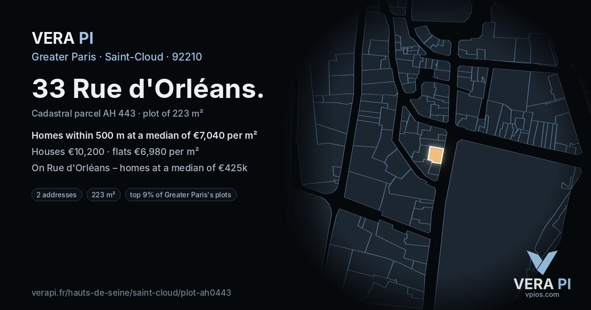 33 Rue d'Orléans, Saint-Cloud at night – the plot lit, the parcels around coloured by the prices near them