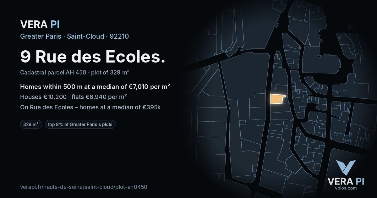 9 Rue des Ecoles, Saint-Cloud at night – the plot lit, the parcels around coloured by the prices near them
