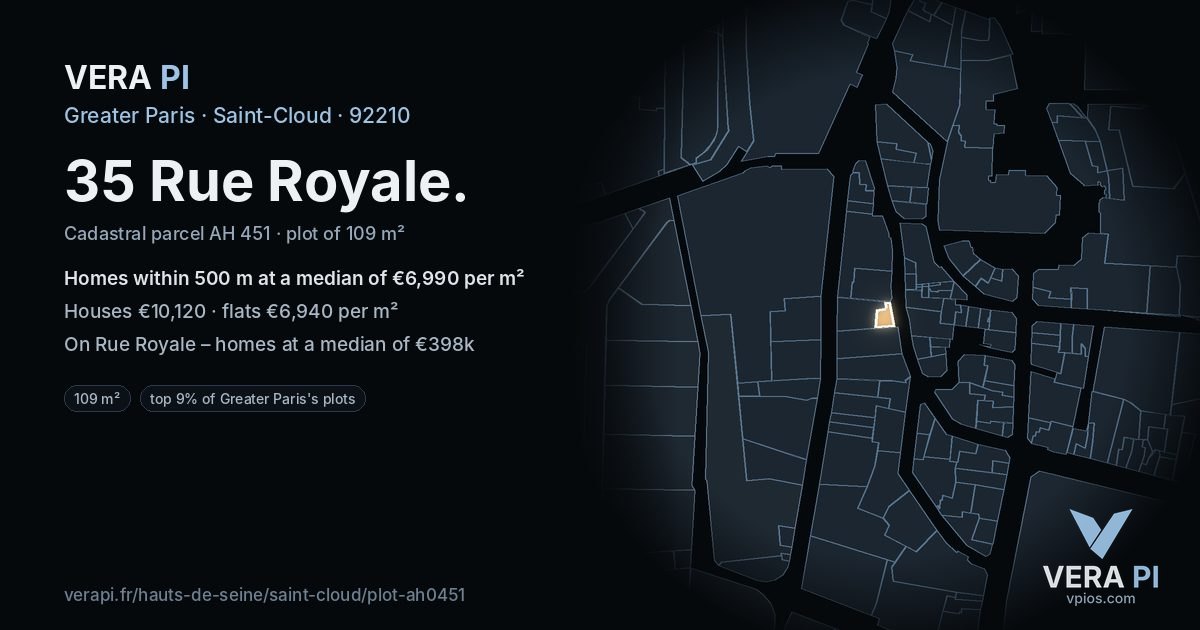 35 Rue Royale, Saint-Cloud at night – the plot lit, the parcels around coloured by the prices near them