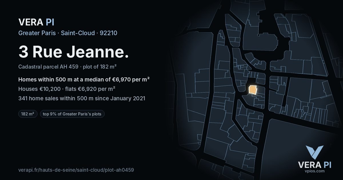 3 Rue Jeanne, Saint-Cloud at night – the plot lit, the parcels around coloured by the prices near them