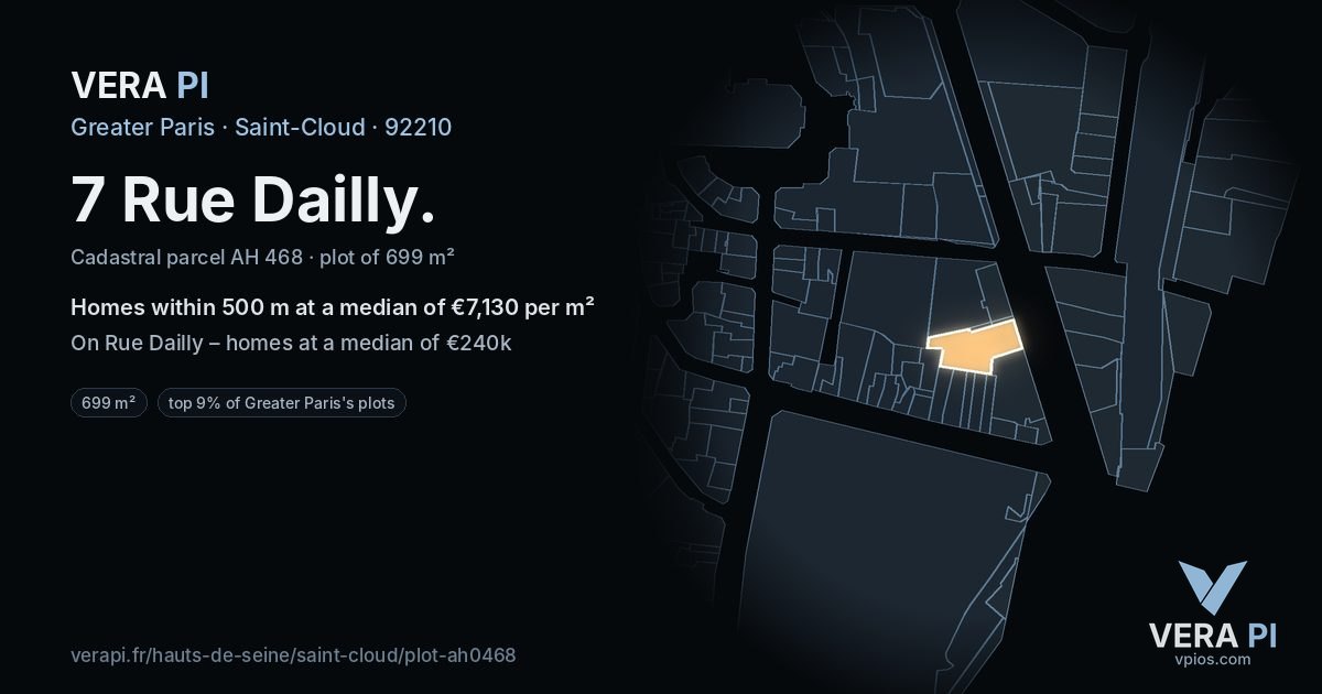 7 Rue Dailly, Saint-Cloud at night – the plot lit, the parcels around coloured by the prices near them