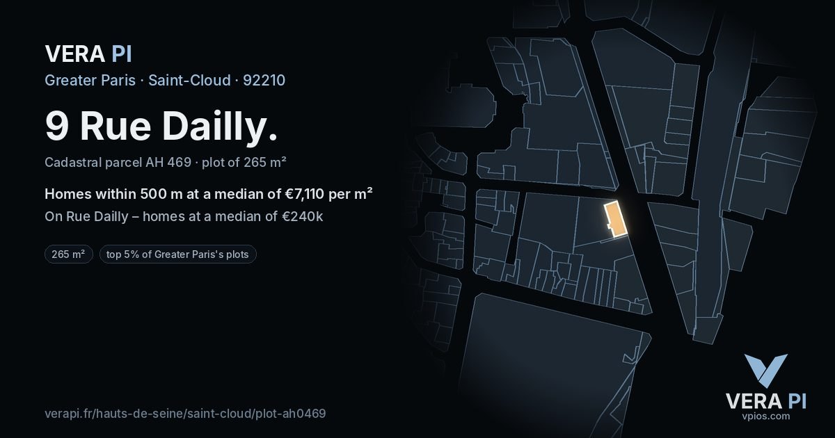 9 Rue Dailly, Saint-Cloud at night – the plot lit, the parcels around coloured by the prices near them