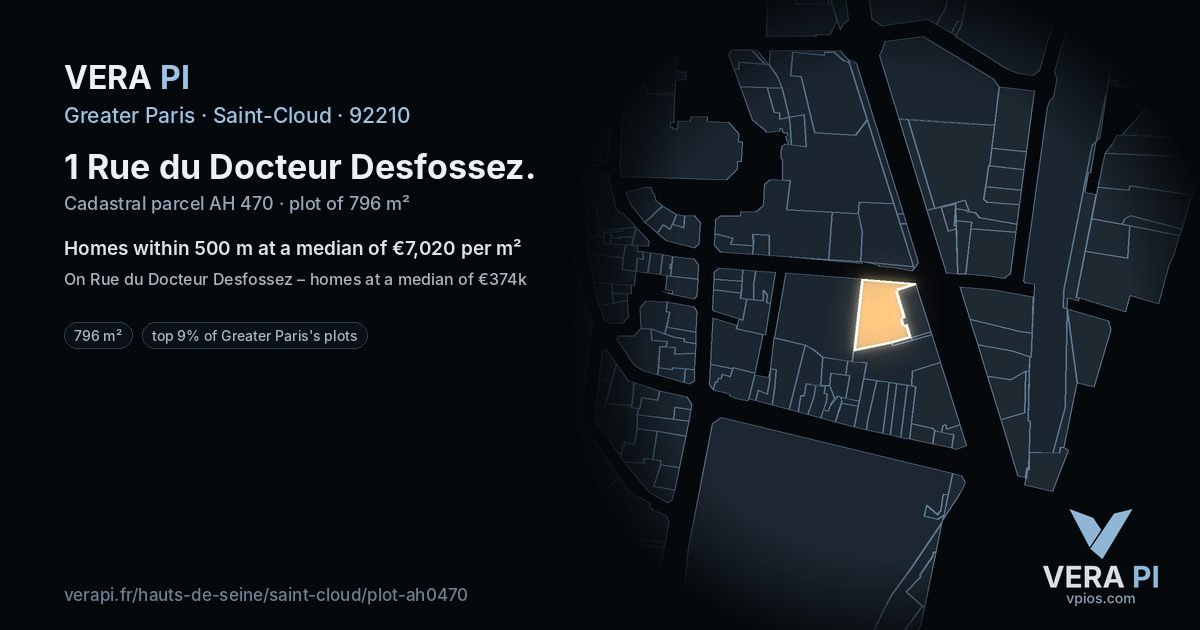 1 Rue du Docteur Desfossez, Saint-Cloud at night – the plot lit, the parcels around coloured by the prices near them