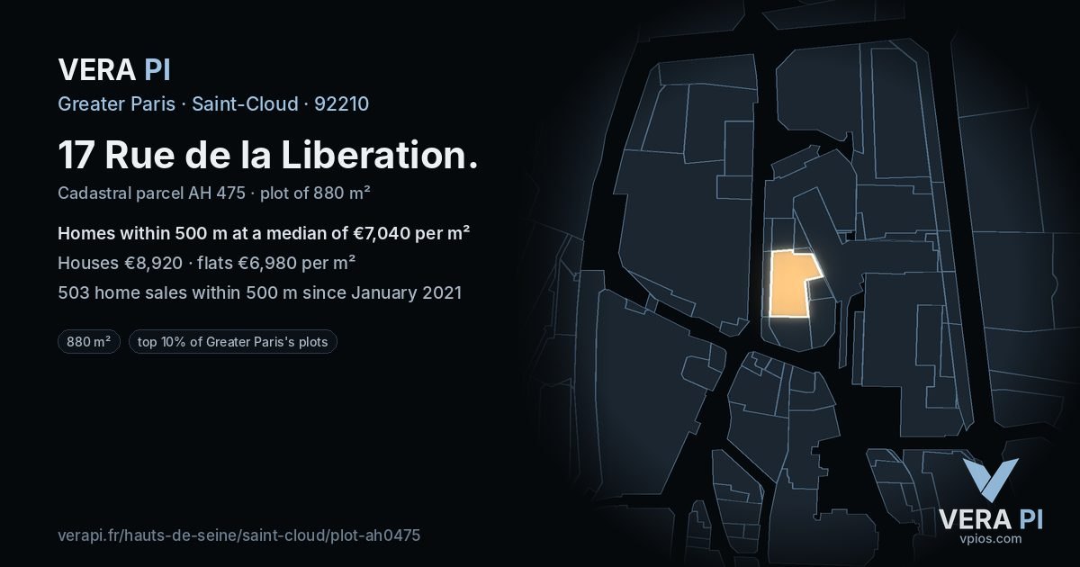 17 Rue de la Liberation, Saint-Cloud at night – the plot lit, the parcels around coloured by the prices near them