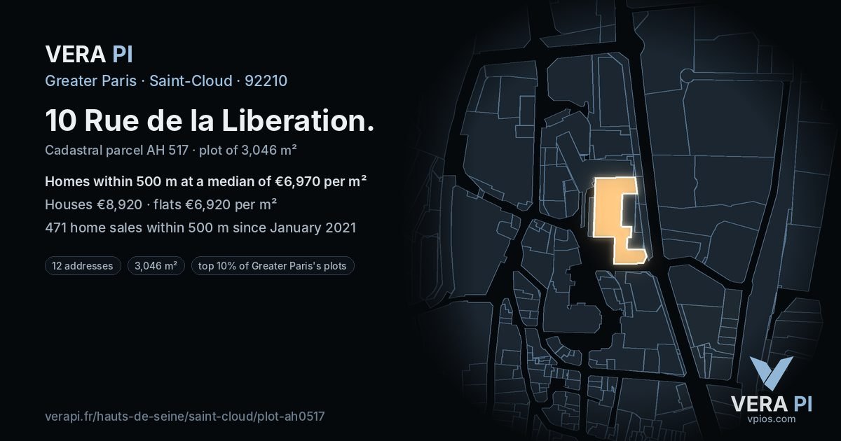 10 Rue de la Liberation, Saint-Cloud at night – the plot lit, the parcels around coloured by the prices near them