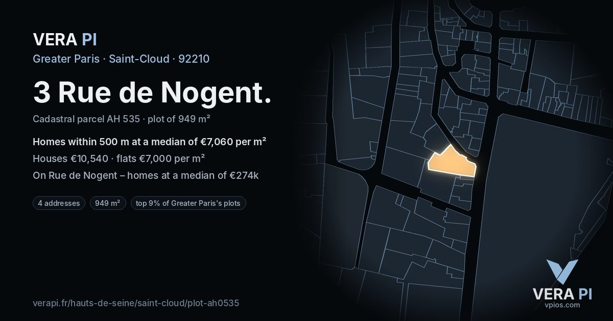 3 Rue de Nogent, Saint-Cloud at night – the plot lit, the parcels around coloured by the prices near them
