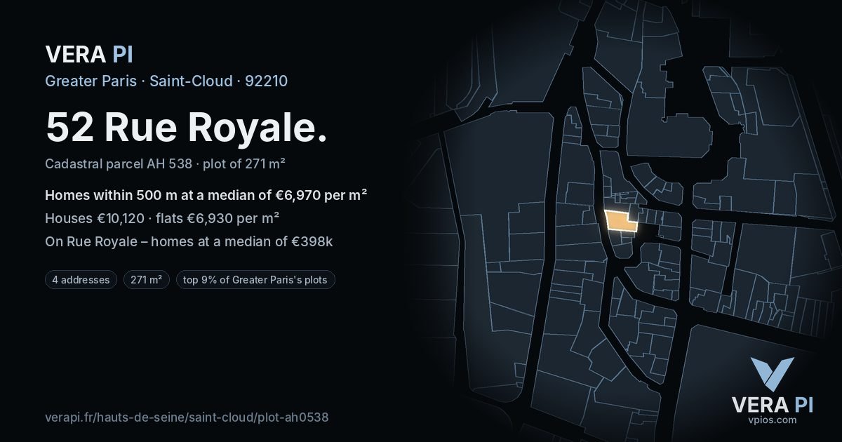 52 Rue Royale, Saint-Cloud at night – the plot lit, the parcels around coloured by the prices near them