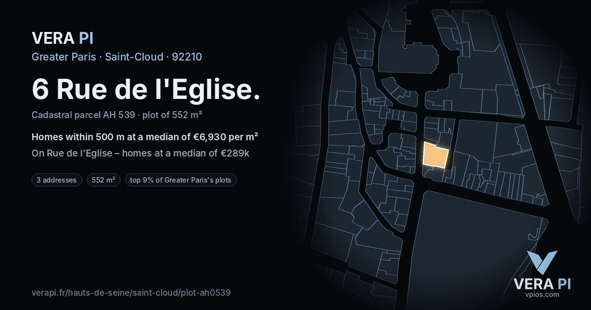 6 Rue de l'Eglise, Saint-Cloud at night – the plot lit, the parcels around coloured by the prices near them