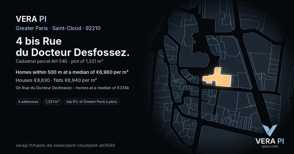 4 bis Rue du Docteur Desfossez, Saint-Cloud at night – the plot lit, the parcels around coloured by the prices near them
