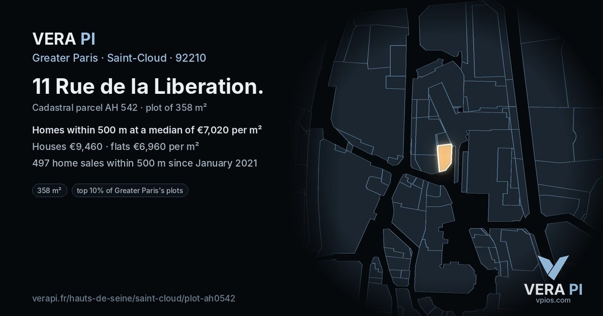 11 Rue de la Liberation, Saint-Cloud at night – the plot lit, the parcels around coloured by the prices near them