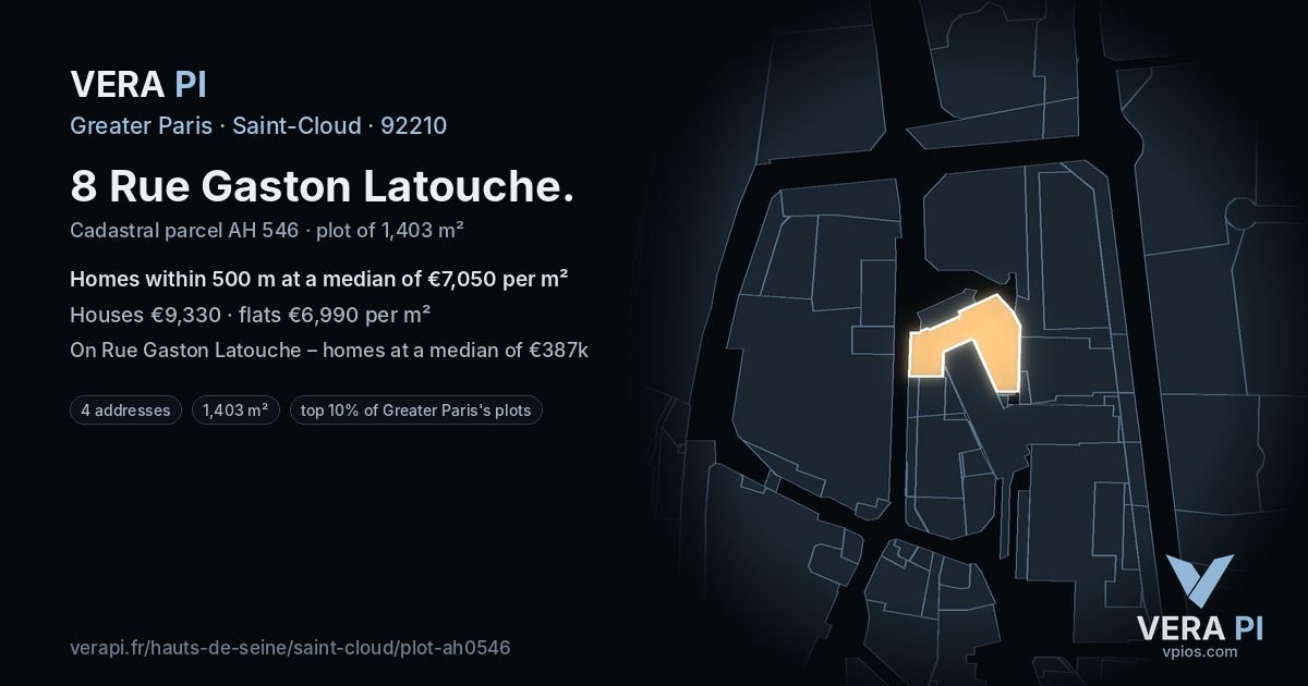 8 Rue Gaston Latouche, Saint-Cloud at night – the plot lit, the parcels around coloured by the prices near them
