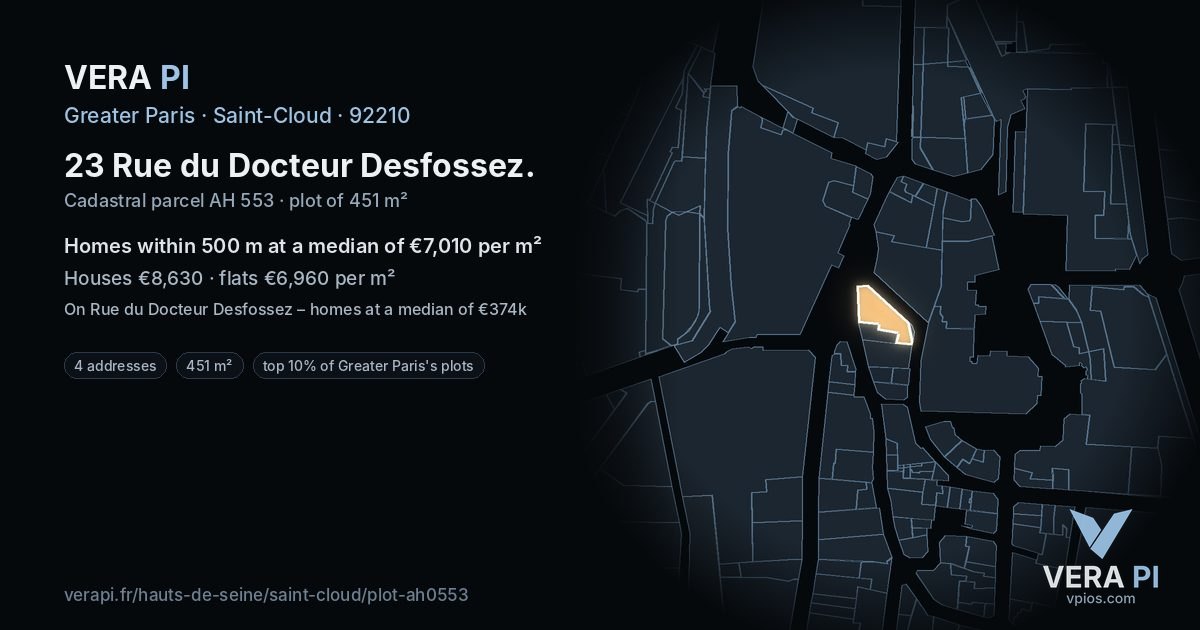 23 Rue du Docteur Desfossez, Saint-Cloud at night – the plot lit, the parcels around coloured by the prices near them