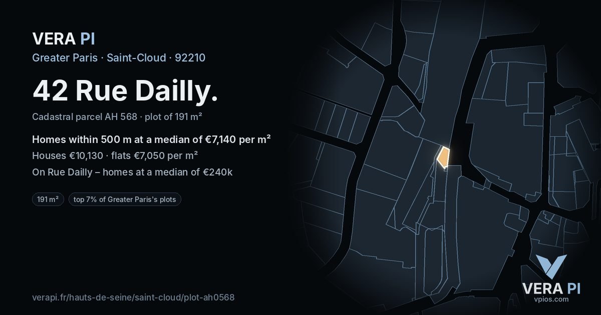 42 Rue Dailly, Saint-Cloud at night – the plot lit, the parcels around coloured by the prices near them