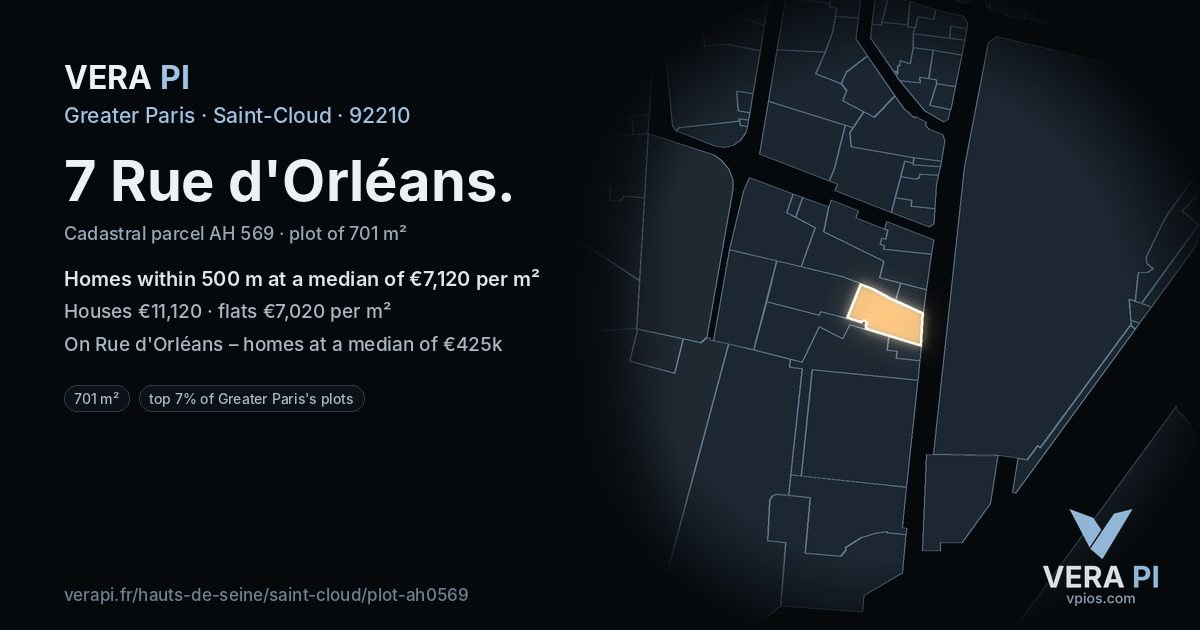 7 Rue d'Orléans, Saint-Cloud at night – the plot lit, the parcels around coloured by the prices near them