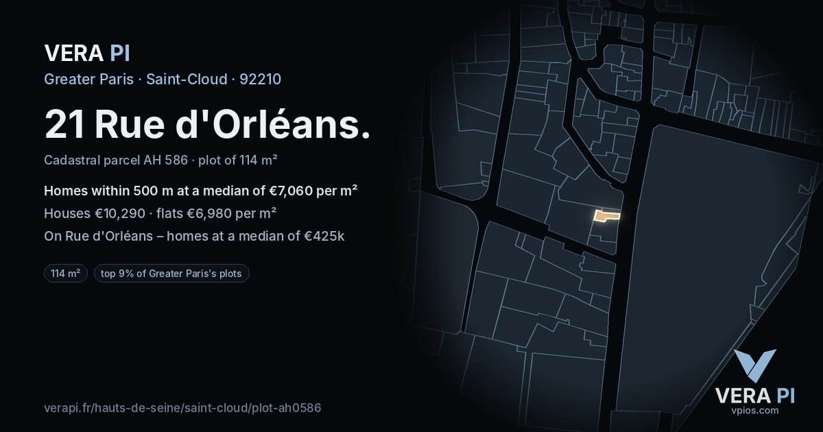 21 Rue d'Orléans, Saint-Cloud at night – the plot lit, the parcels around coloured by the prices near them