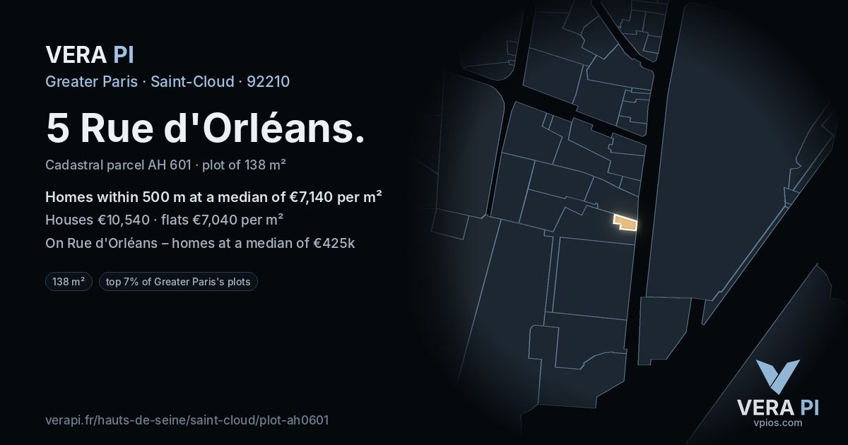 5 Rue d'Orléans, Saint-Cloud at night – the plot lit, the parcels around coloured by the prices near them