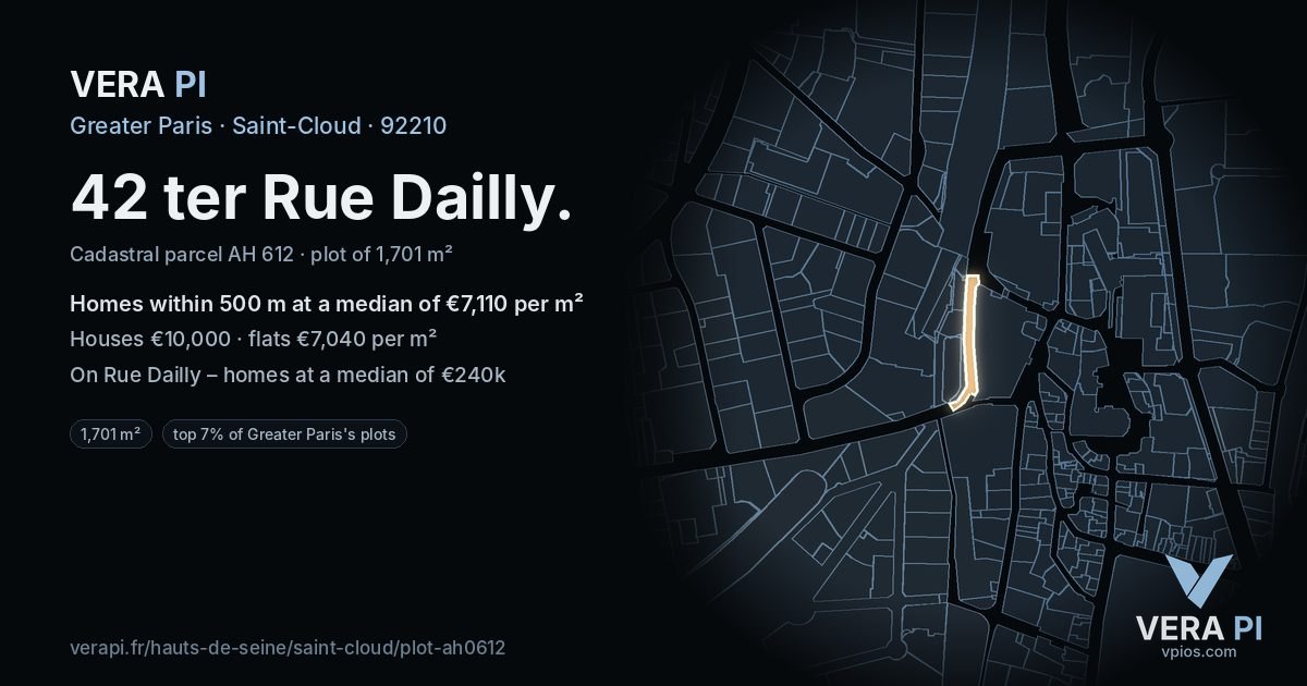 42 ter Rue Dailly, Saint-Cloud at night – the plot lit, the parcels around coloured by the prices near them