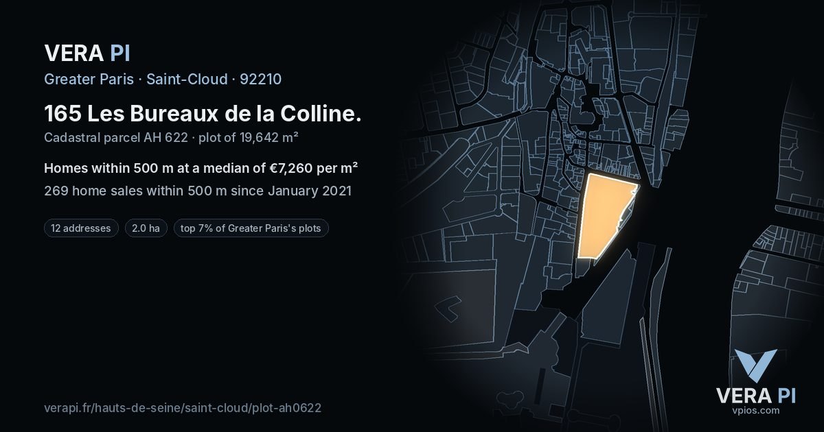 165 Les Bureaux de la Colline, Saint-Cloud at night – the plot lit, the parcels around coloured by the prices near them