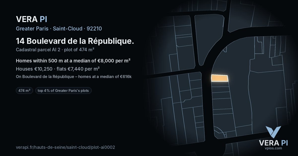 14 Boulevard de la République, Saint-Cloud at night – the plot lit, the parcels around coloured by the prices near them
