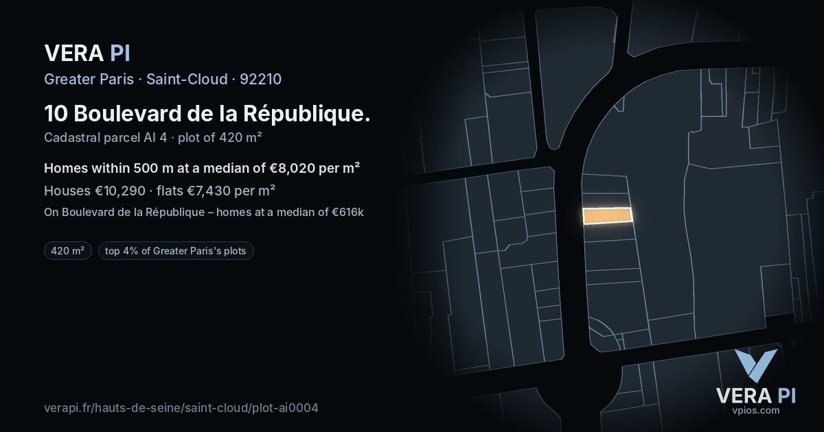 10 Boulevard de la République, Saint-Cloud at night – the plot lit, the parcels around coloured by the prices near them