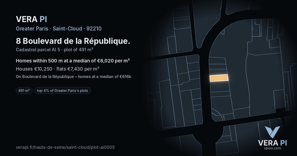 8 Boulevard de la République, Saint-Cloud at night – the plot lit, the parcels around coloured by the prices near them