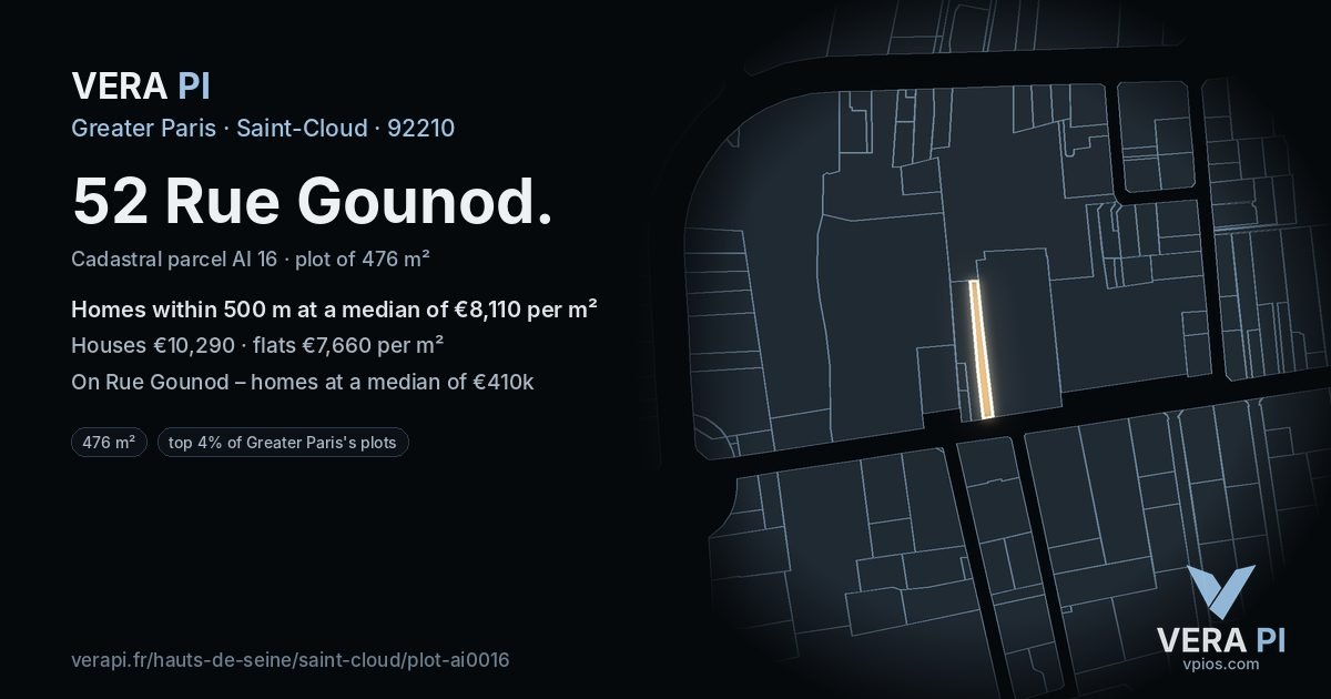 52 Rue Gounod, Saint-Cloud at night – the plot lit, the parcels around coloured by the prices near them