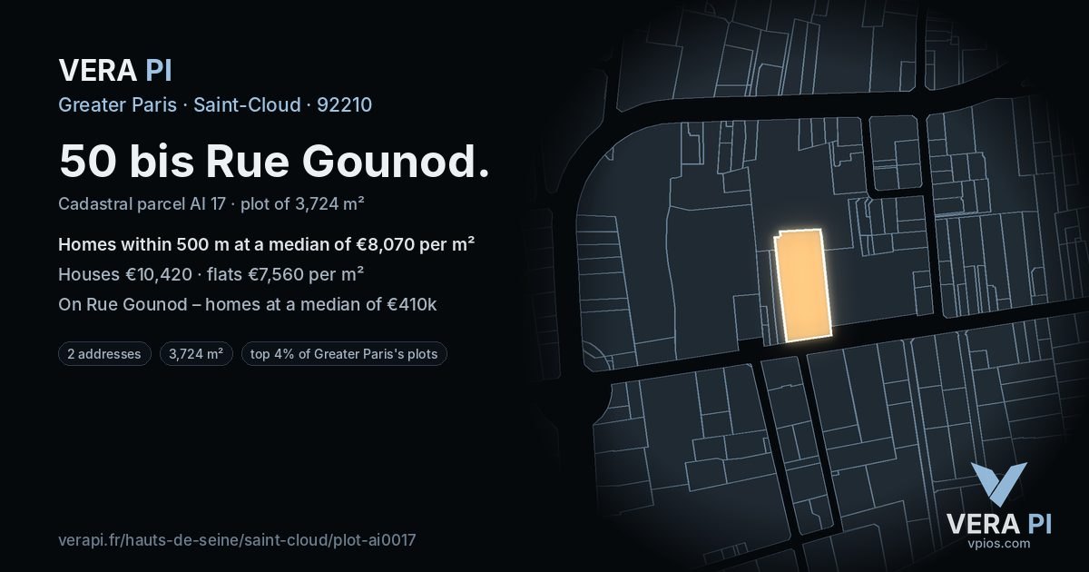 50 bis Rue Gounod, Saint-Cloud at night – the plot lit, the parcels around coloured by the prices near them