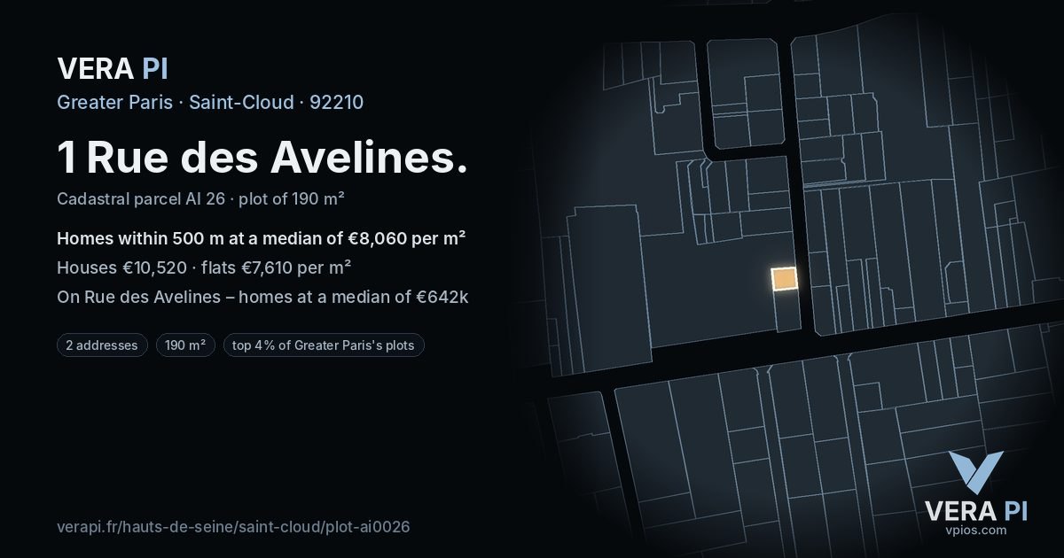 1 Rue des Avelines, Saint-Cloud at night – the plot lit, the parcels around coloured by the prices near them