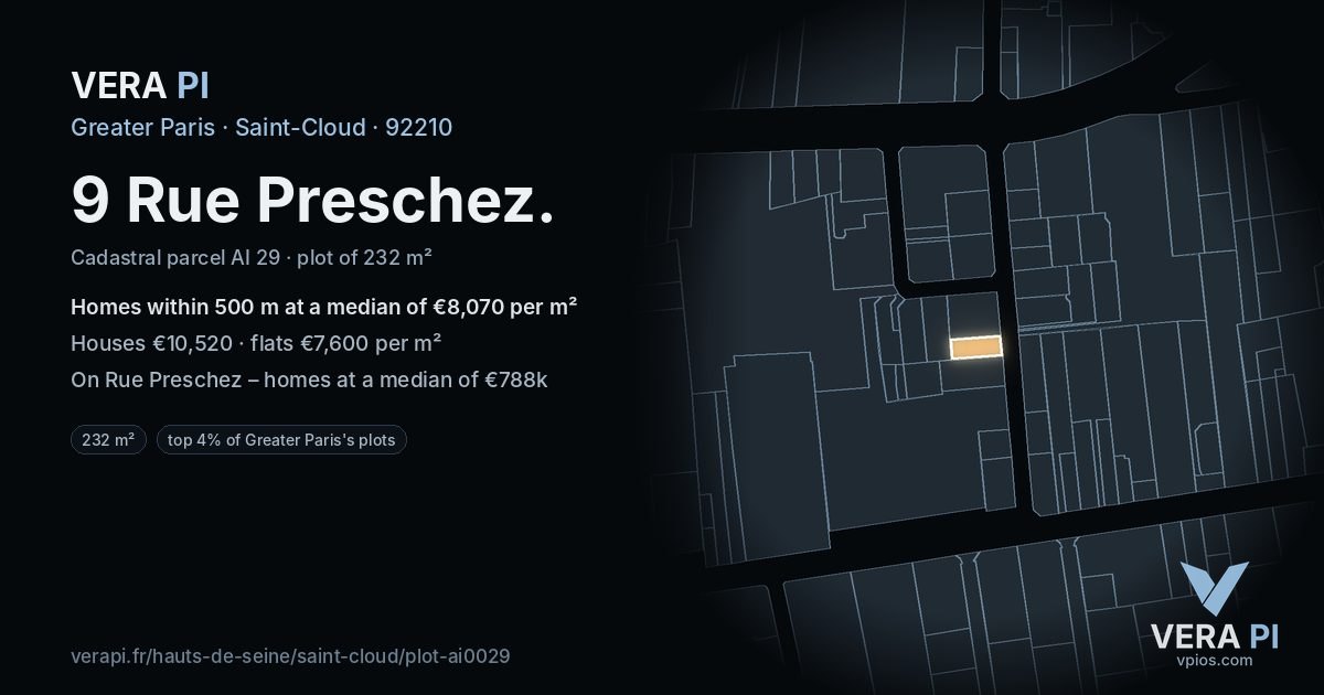 9 Rue Preschez, Saint-Cloud at night – the plot lit, the parcels around coloured by the prices near them