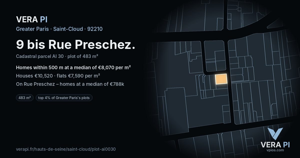 9 bis Rue Preschez, Saint-Cloud at night – the plot lit, the parcels around coloured by the prices near them