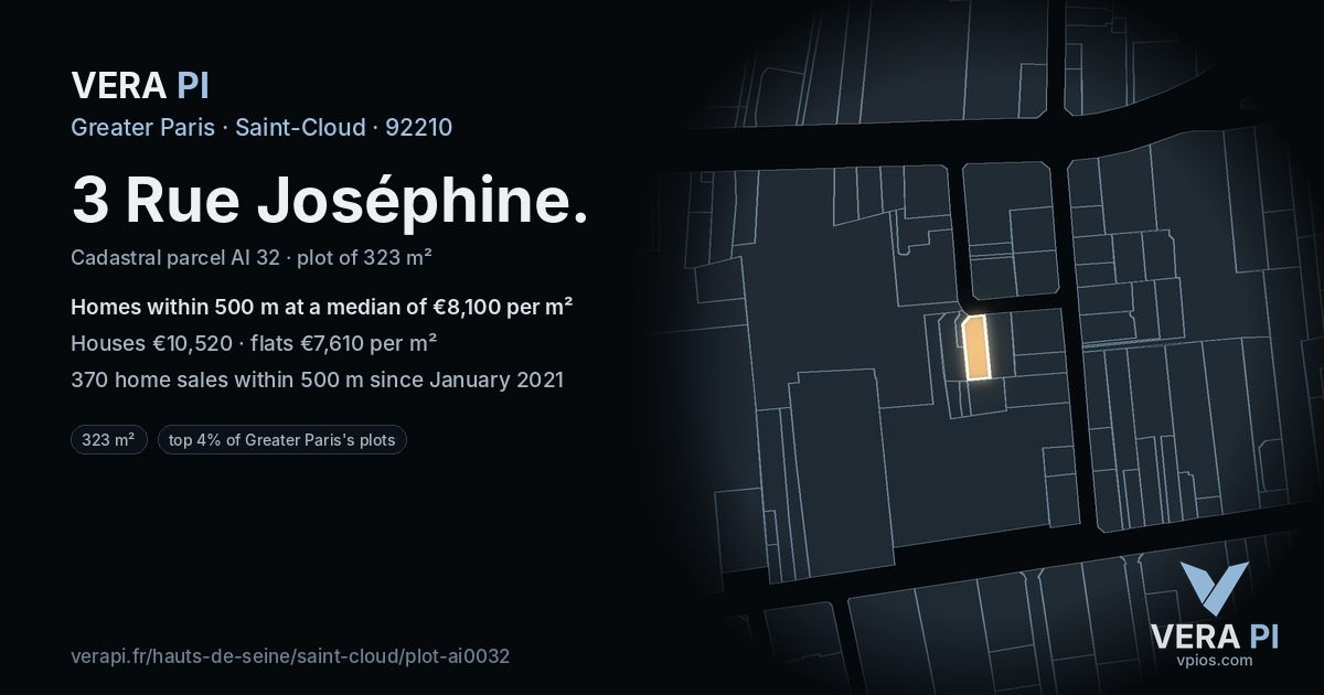 3 Rue Joséphine, Saint-Cloud at night – the plot lit, the parcels around coloured by the prices near them