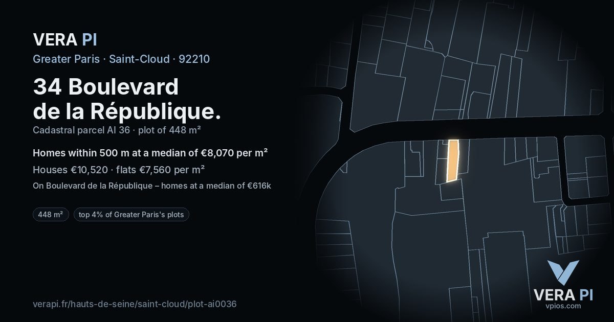 34 Boulevard de la République, Saint-Cloud at night – the plot lit, the parcels around coloured by the prices near them