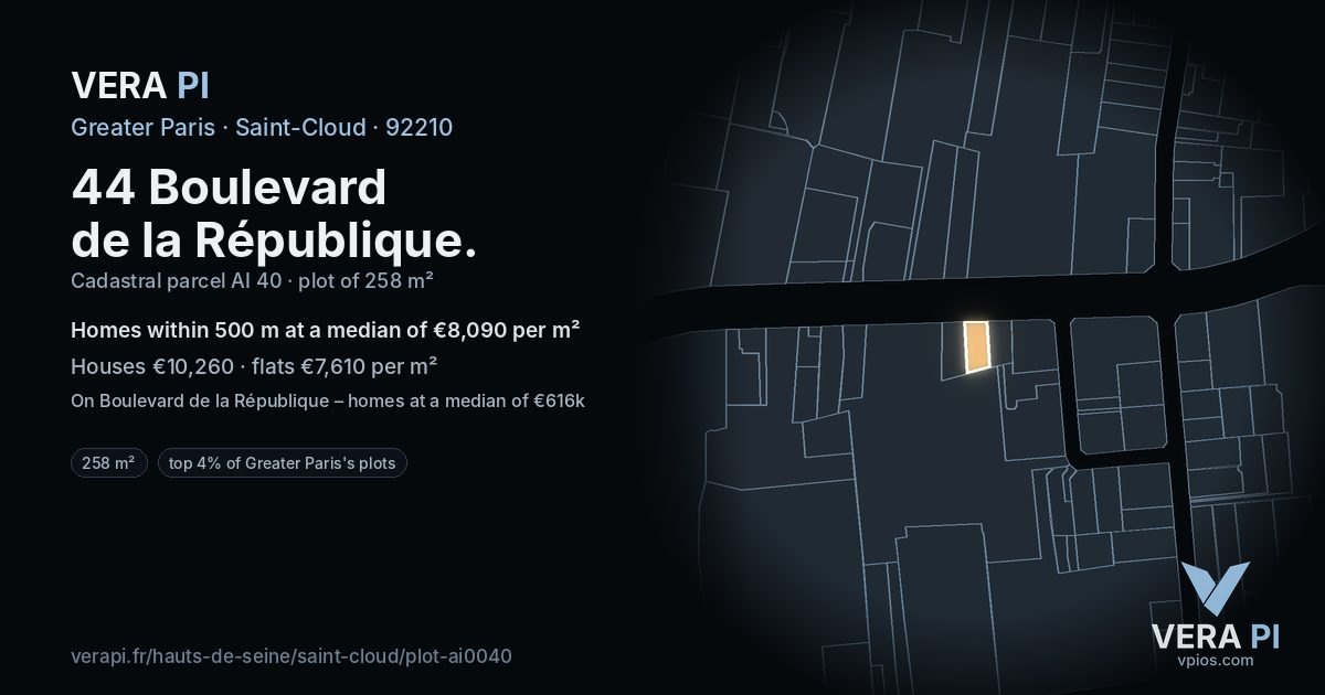 44 Boulevard de la République, Saint-Cloud at night – the plot lit, the parcels around coloured by the prices near them