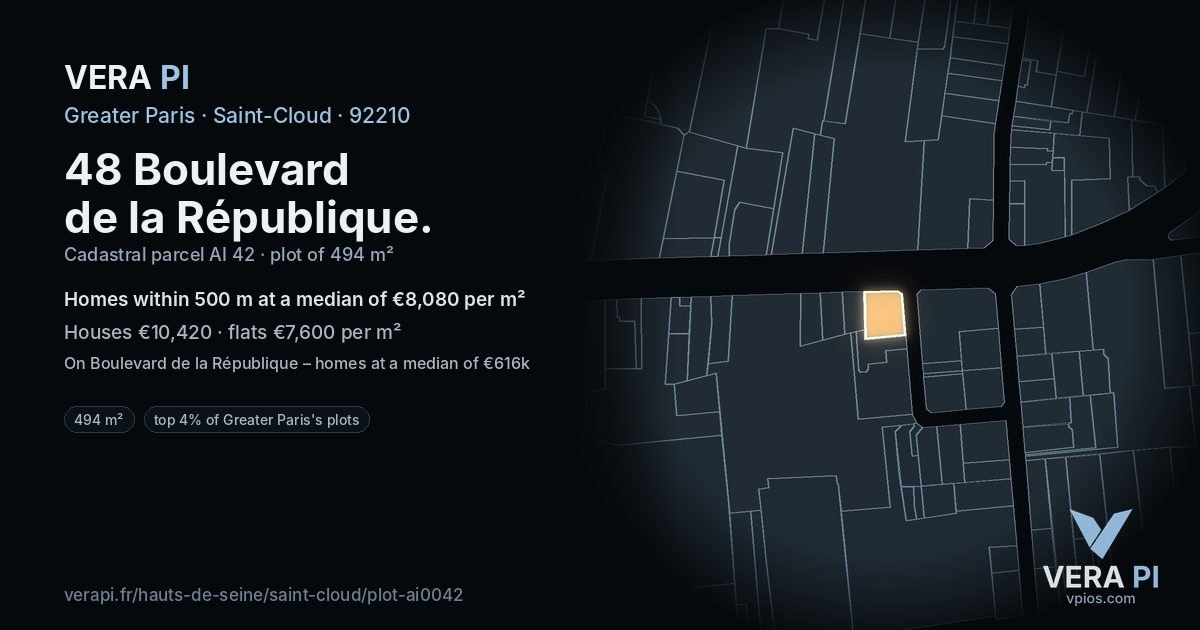 48 Boulevard de la République, Saint-Cloud at night – the plot lit, the parcels around coloured by the prices near them