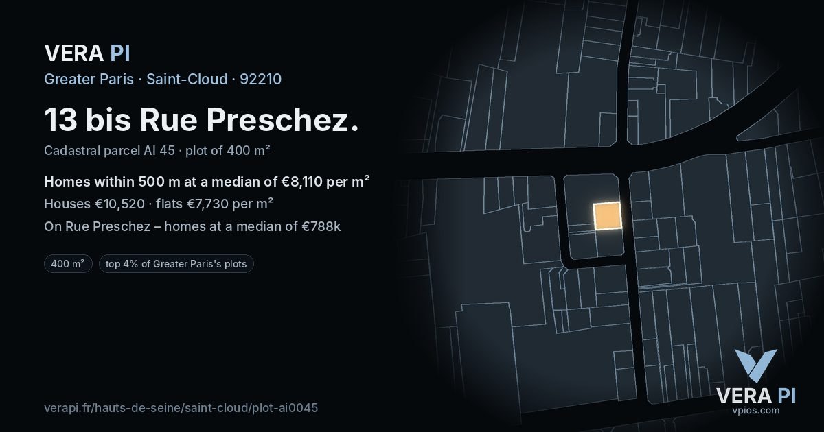 13 bis Rue Preschez, Saint-Cloud at night – the plot lit, the parcels around coloured by the prices near them