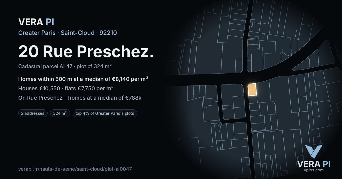 20 Rue Preschez, Saint-Cloud at night – the plot lit, the parcels around coloured by the prices near them