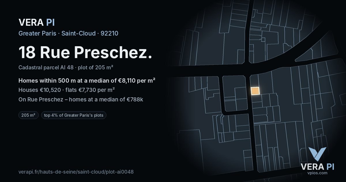 18 Rue Preschez, Saint-Cloud at night – the plot lit, the parcels around coloured by the prices near them